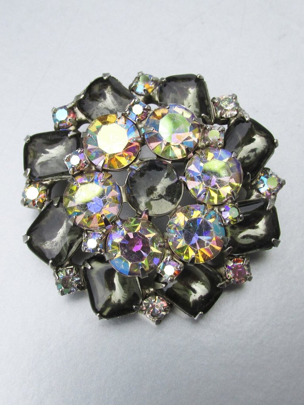 Signed WEISS Smoky Gray & AB Rhinestone Brooch Vintage Silver Tone Pin